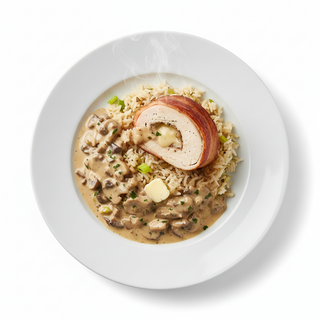 Rulou de pui cu branza si bacon servit cu orez basmati si sos de hribi