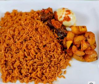 JOLLOF RICE + BEEF + EGG + PLANTAIN