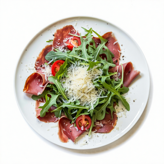 Carpaccio de Bresaola con ensalada de rúcula, parmesano y tomate