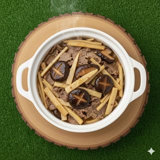 Vitello con bambù e funghi