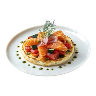 E415 Torta de cebollino, rúcula, sashimi, tomate confitado y chalota