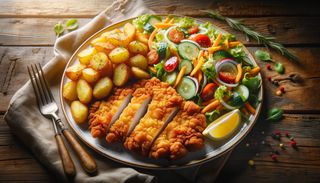 Șnițel de pui cu salată și cartofi