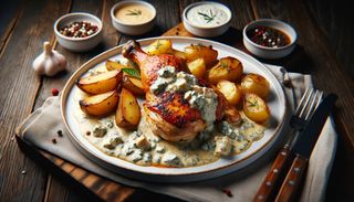 Pui cu sos gorgonzola si cartofi copti