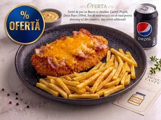 OFERTA Snitel de pui cu Bacon si cedar+ Cartofi Prajiti  + doza de pepsi + sos de maioneza