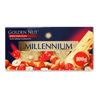 Білий шоколад Millennium Gold з цілими лісовими горіхами та журавлиною (100г)