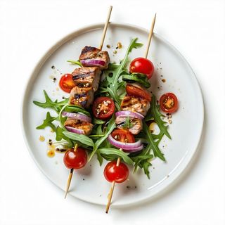 Spiedone con filetto di maiale, rucola, pomodorini, cipolla