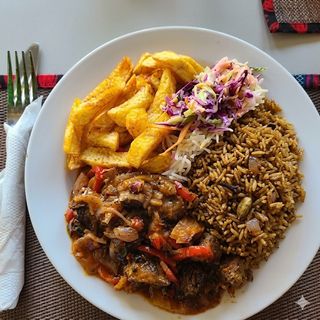 Chips, Pilau, Liver + Salad