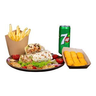 დიდი კომბო, ქათმის შაურმა ნიგზის სოუსით, ფრი, ნაგეცი, სასმელი ბაჯე