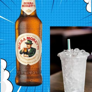 Birra moretti da 66 con un bicchiere e  del ghiaccio