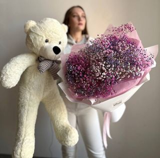 Букет микс гипсофила + мишка 80 см