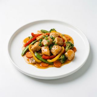 Пилешки късчета с зеленчуци и портокалов сос