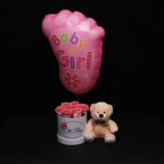 Set Ursuleț Mic. Balon Baby Girls și Cutie Mică cu Trandafiri