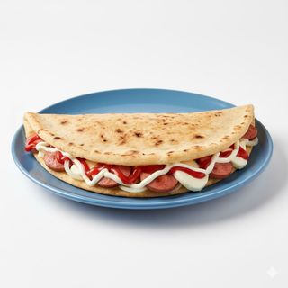 Piada con wurstel, cipolla, ketchup, maionese e mozzarella