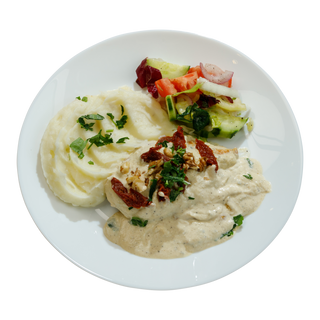  Pui cu Gorgonzola, Piure de Cartofi și Salată