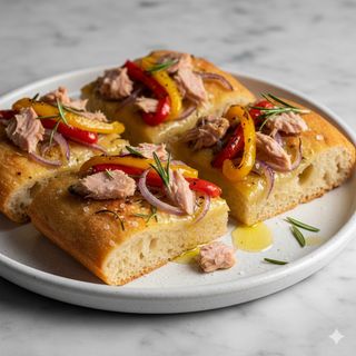 Focaccia atun cebolla pimientos