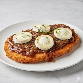 Milanesa con cebolla caramelizada y queso de cabra