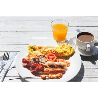 Eggs, Sausages, Baked Beans and A Hot Beverage of Choice