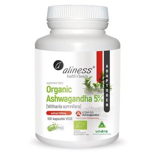 Organiczna ashwagandha 5% Organic ashwagandha Withania somnifera KSM-66 100 kapsułek Aliness
