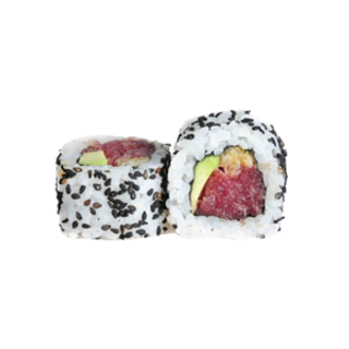 Uramaki Atún Picado, Aguacate, Salsa Spicy, Crujiente Sésamo