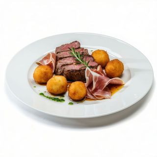 Lomo De Ternera Con Jamón Ibérico Y Croquetas