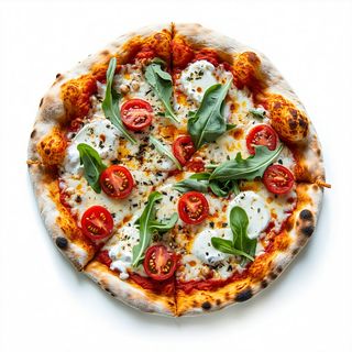 PIZZA BURRATA RUCOLA E POMODORI