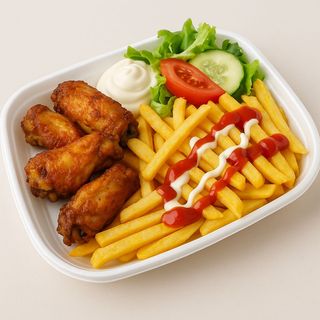 Alette di pollo con patate e insalata