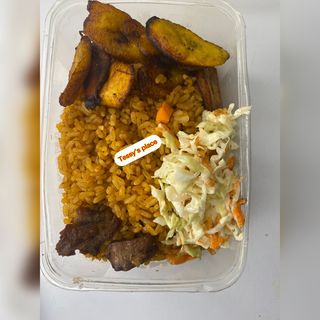 Jollof, Fried Rice, Beef, Plantain, Salad