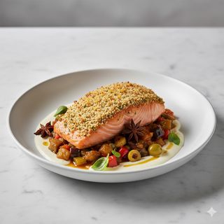 Darne di salmone con crosta di pane agli agrumi su caponata di verdure e crema all'anice stellato