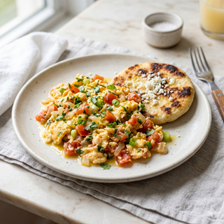 Huevos pericos con arepa o arroz