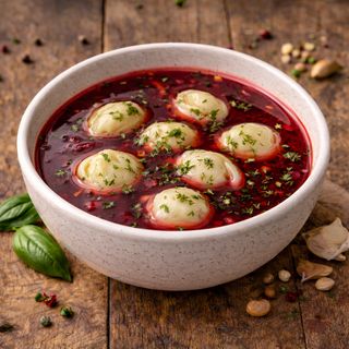 Barszcz czerwony z pierogami z mięsem