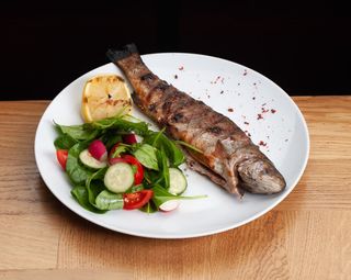 Форель з овочевим салатом та соусом песто (1шт)