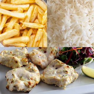 Creme tikka de frango+batatas fritas+arroz/Chicken Malai Tikka, Chips+Rice