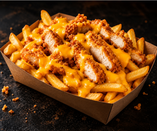 Frytki z sosem cheddar i stripsami z kurczaka