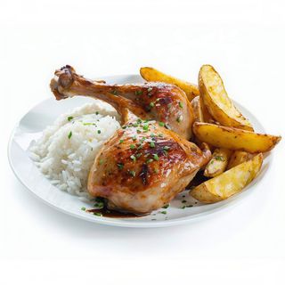 Plato con pollo, arroz y patatas