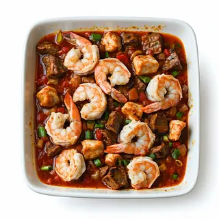 Sofrito de langostinos, pollo y ternera