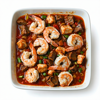 Sofrito de langostinos, pollo y ternera