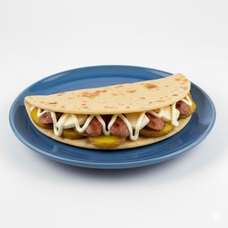 Piada con wurstel, patate, maionese e mozzarella