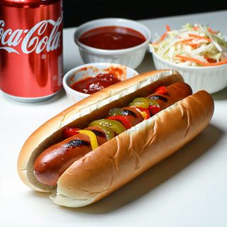 Хот дог кебапче и сос +  + салата Лютеница / Колсло + Кока Кола кен