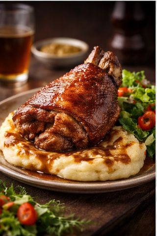 Свински джолан с домашно пюре от батат, целина и картоф