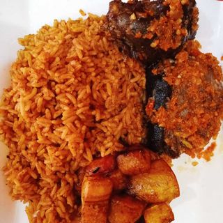 Jollof rice+ 2goat meat+plantain