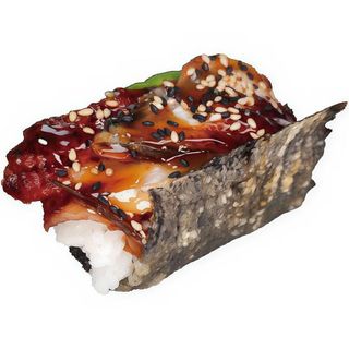 Taco sushi de anguila con aguacate y teriyaki