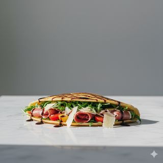 Bresaola con scaglie, parmigiano,  rucola, pomodorini, riduzione aceto balsamico