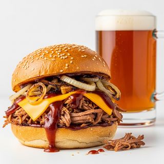 Pulled pork alla birra con cheddar stagionato e scalogno caramellato
