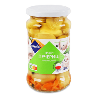Гриби печериці «Премія» мариновані цілі стерилізовані (280г)