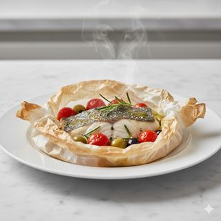 Filetto di branzino al cartoccio con olive e pomodorini