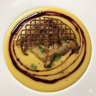 Fungo porcino, crema di zucca alla noce moscata, cialda di castagne e sciroppo di vino speziato