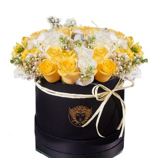 Cutie medie neagra cu flori galbene și albe