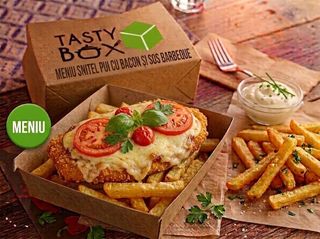 Meniu Snitel de pui Gratinat cu Mozzarella si rosii servit cu cartofi prajiti si sos de maioneza usturoi