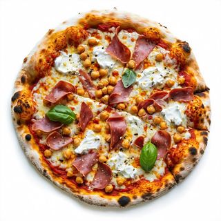 Pizza Mozzarella Fiordilatte, Crema di Ceci Mortadella e Stracciatella