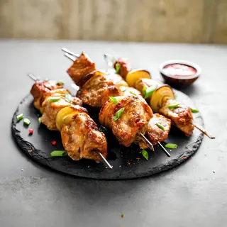 Pileći ražnjići, pomfrit,luk ili  ajvar i lepinja